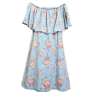 Nwot Philosophy Off Shoulder Blue & Pink floral Rose Shift Dress